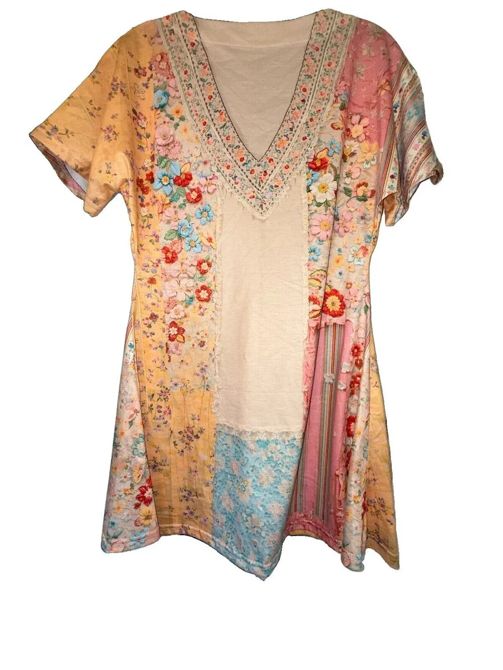 New Floral Patchwork Print Colorful Tunic Long Blouse, Boho Dress Size Small